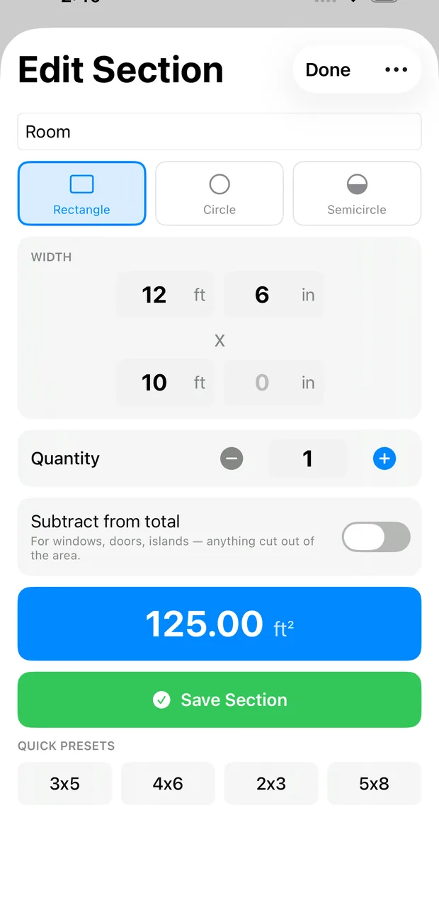 The section editor showing Rectangle, Circle and Semicircle options, width and length fields, and a live 125 square foot result.