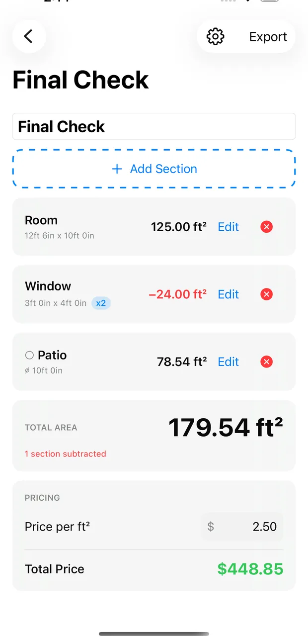 An AreaCalc Pro project listing a room, a window subtracted twice and a circular patio, adding up to 179.54 square feet priced at $448.85.