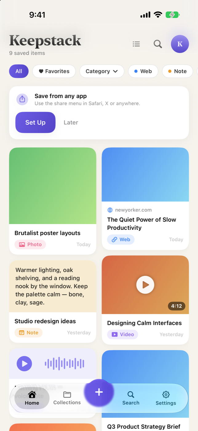 The Keepstack library: a masonry feed mixing a saved article, a photo, a note, a video and a voice memo.