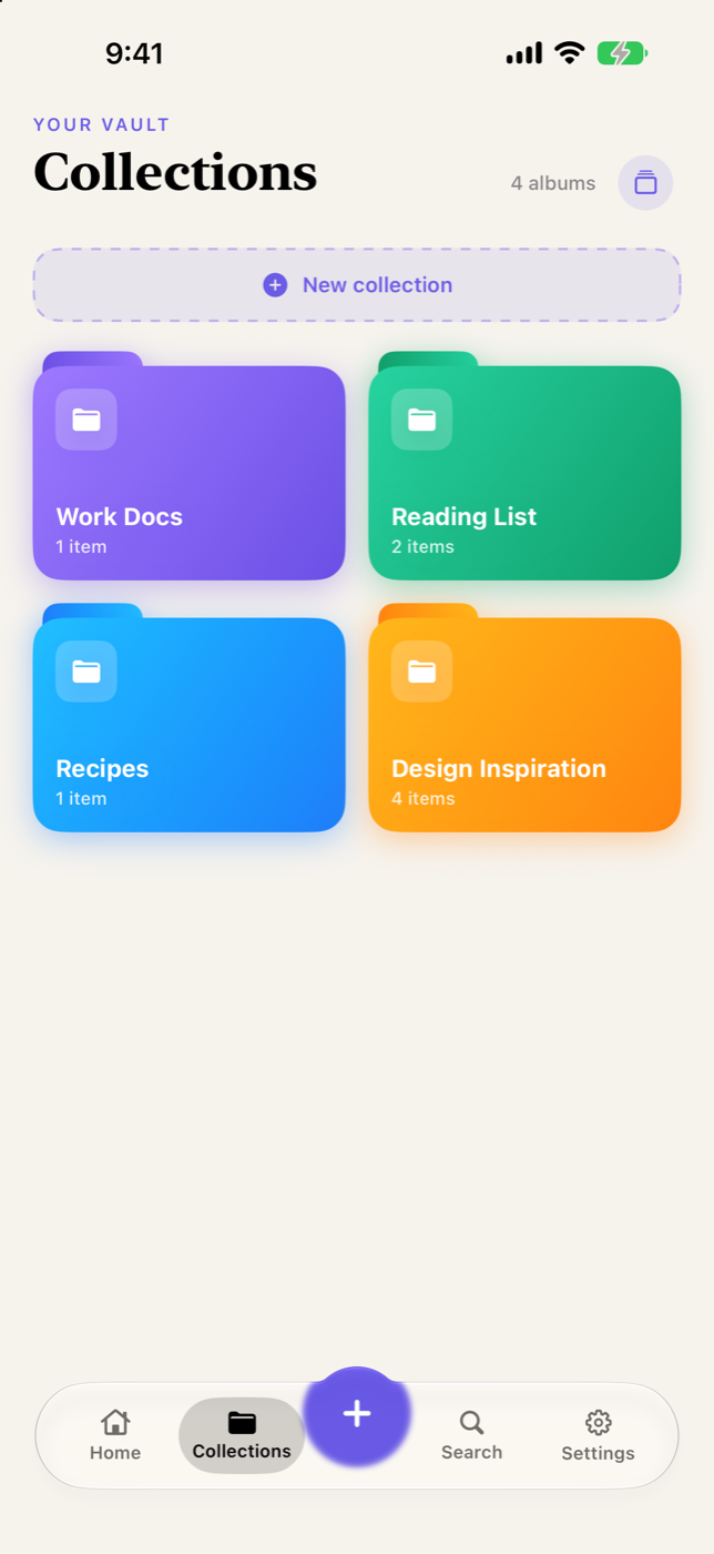 The Collections tab in Keepstack, showing colourful album cards such as Work Docs, Reading List and Recipes.