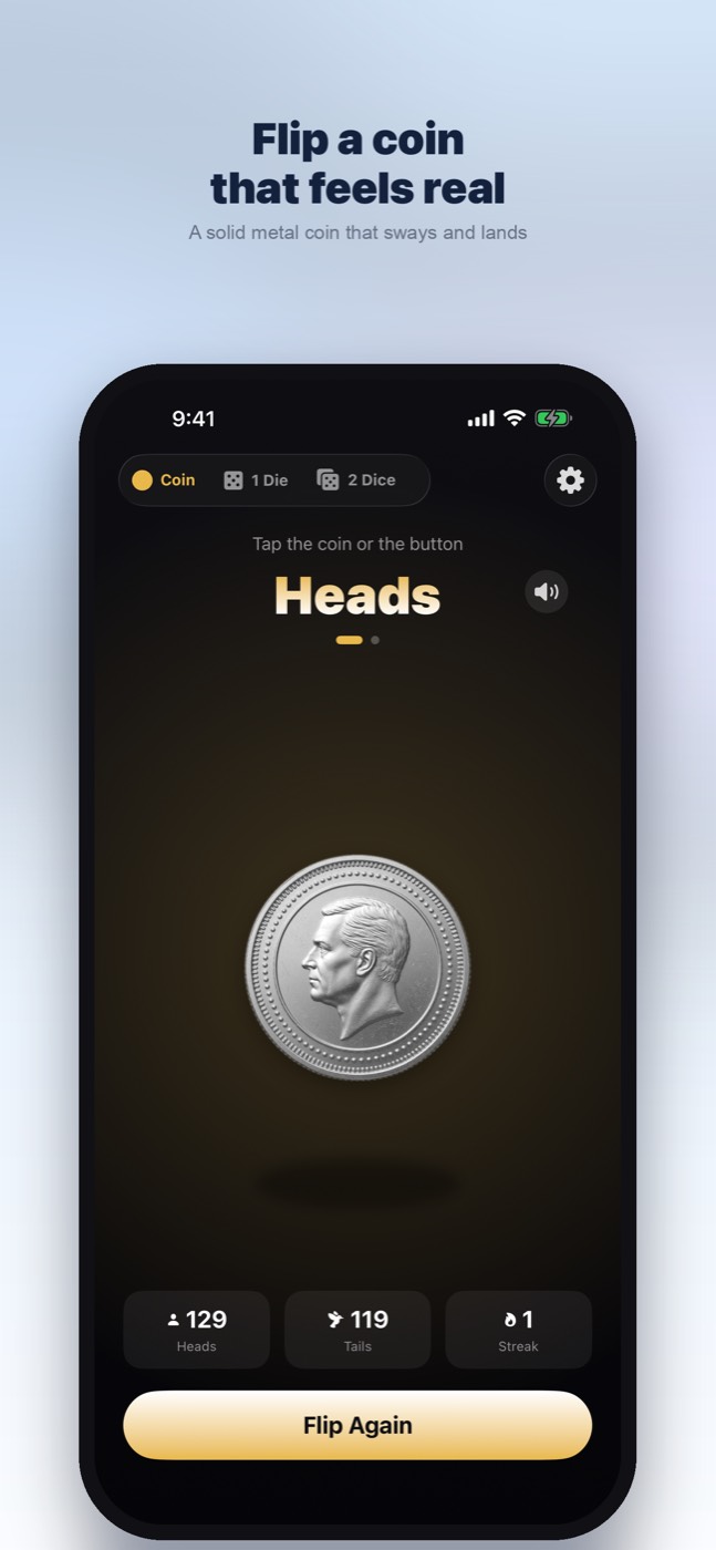 Coin & Dice app screenshot: a gold 3D coin ready to flip