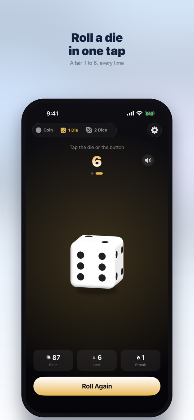 Coin & Dice app screenshot: rolling one 3D die