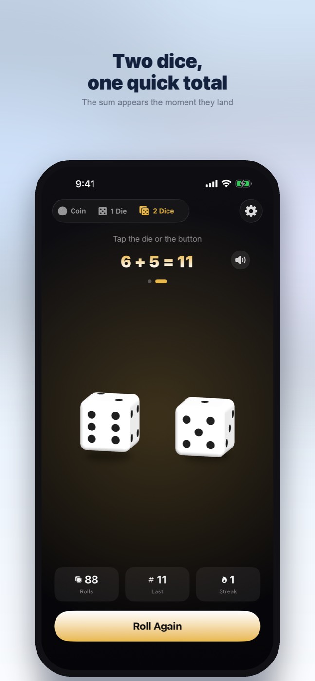 Coin & Dice app screenshot: two 3D dice with the total shown