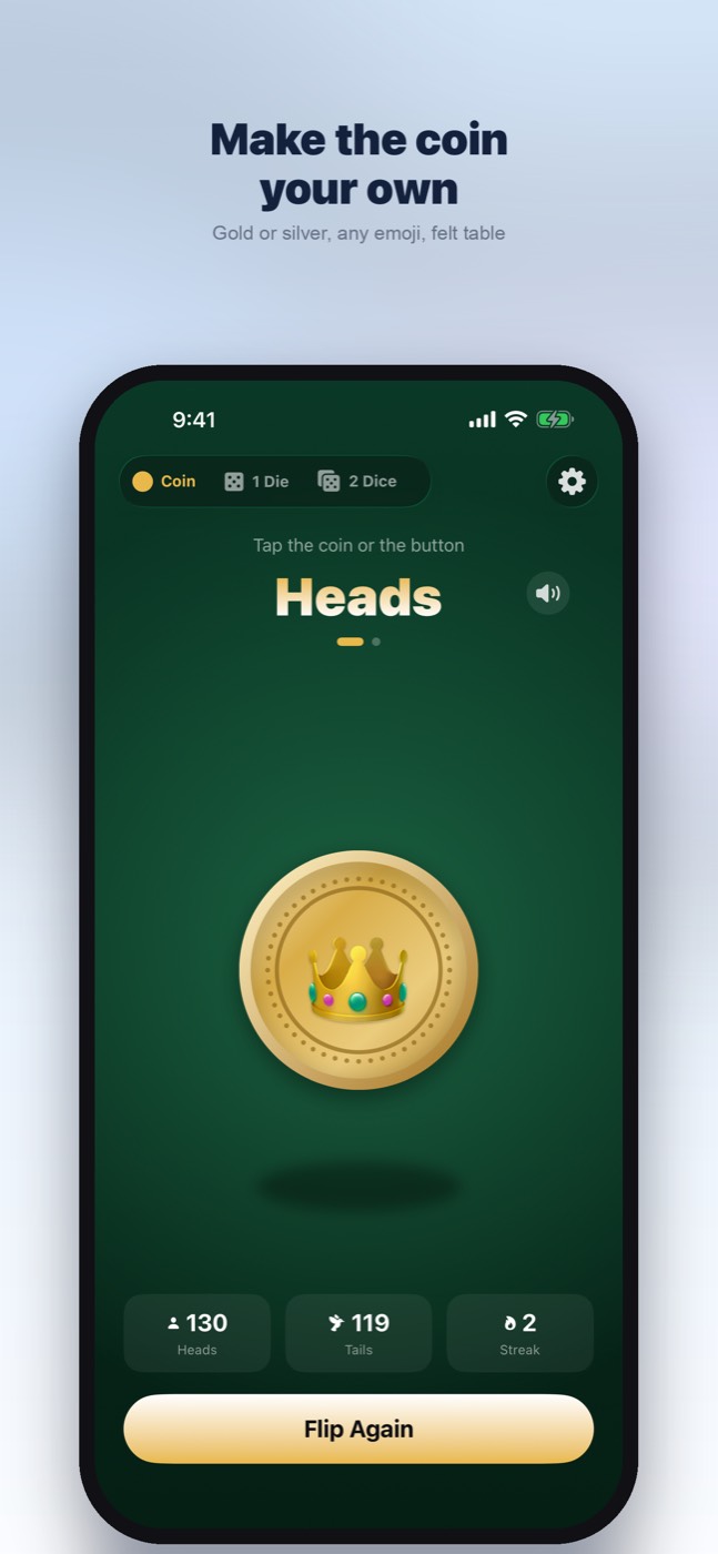Coin & Dice app screenshot: customise the coin with emoji faces