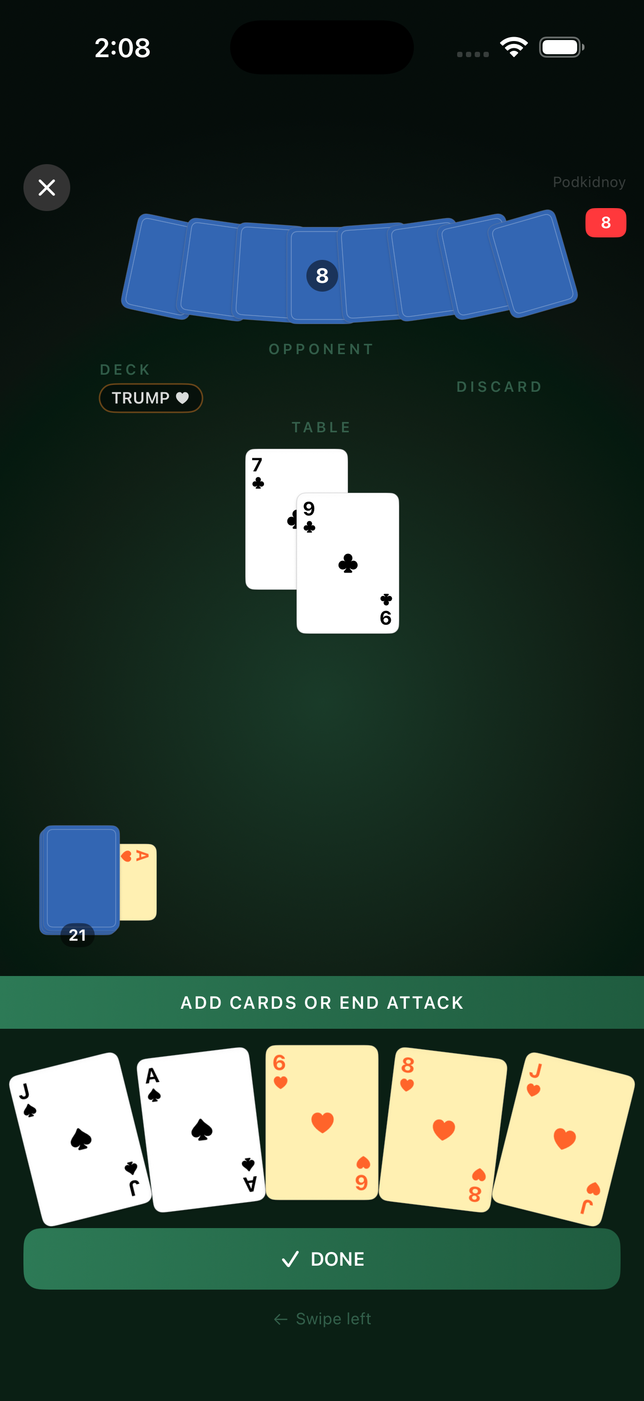 Durak gameplay - cards on table