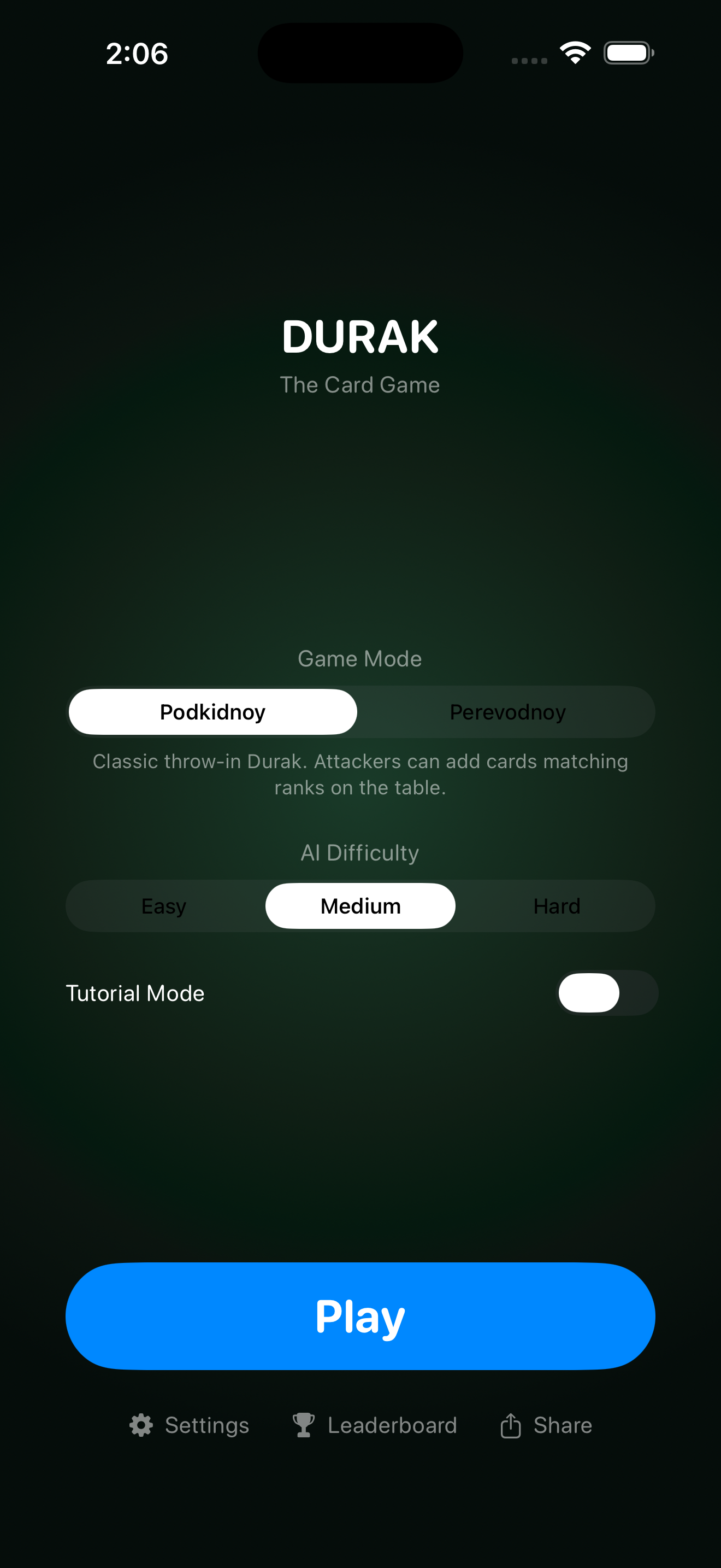 Durak main menu screen