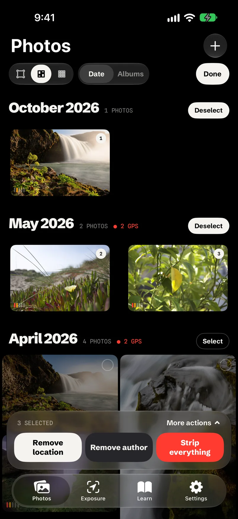 Photo grid with three photos selected and bulk actions