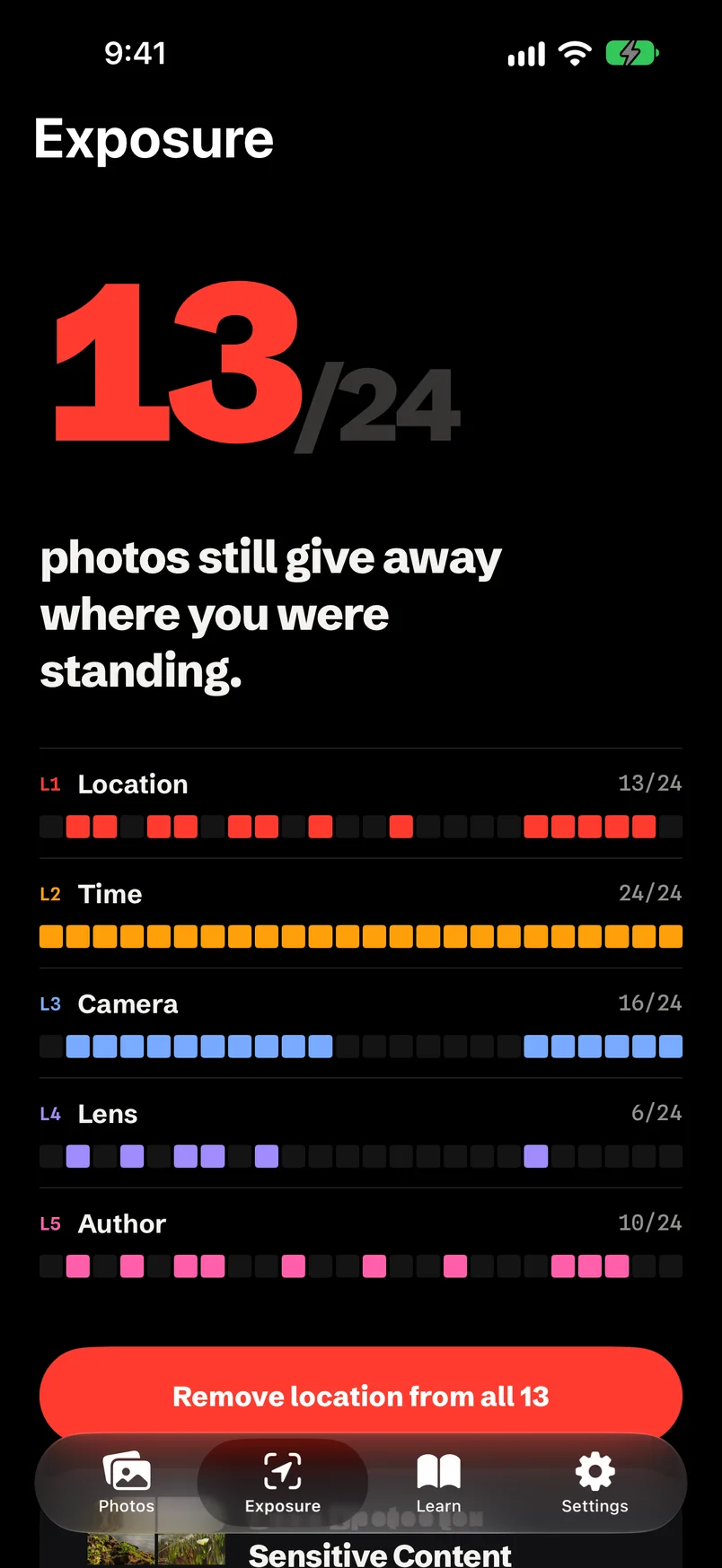 Exposure tab: 13 of 24 photos still reveal a location, with a strip per layer