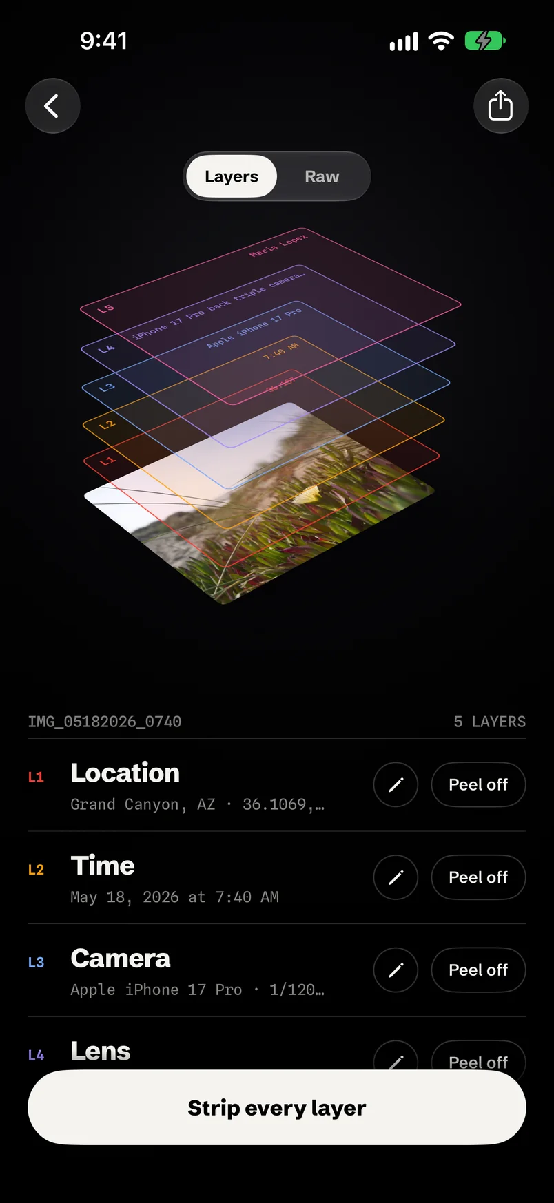 EXIF Pro inspector: the photo lifted into five coloured metadata layers, with Peel off buttons