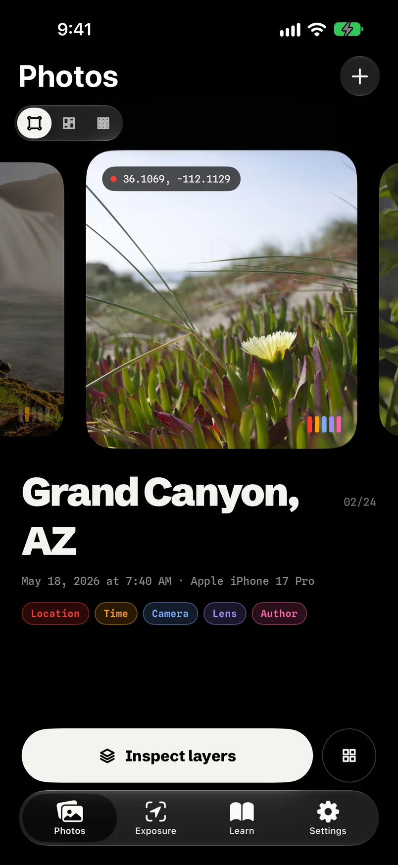 EXIF Pro Photos tab: a photo card titled Grand Canyon, AZ with its location, time, camera, lens and author layers