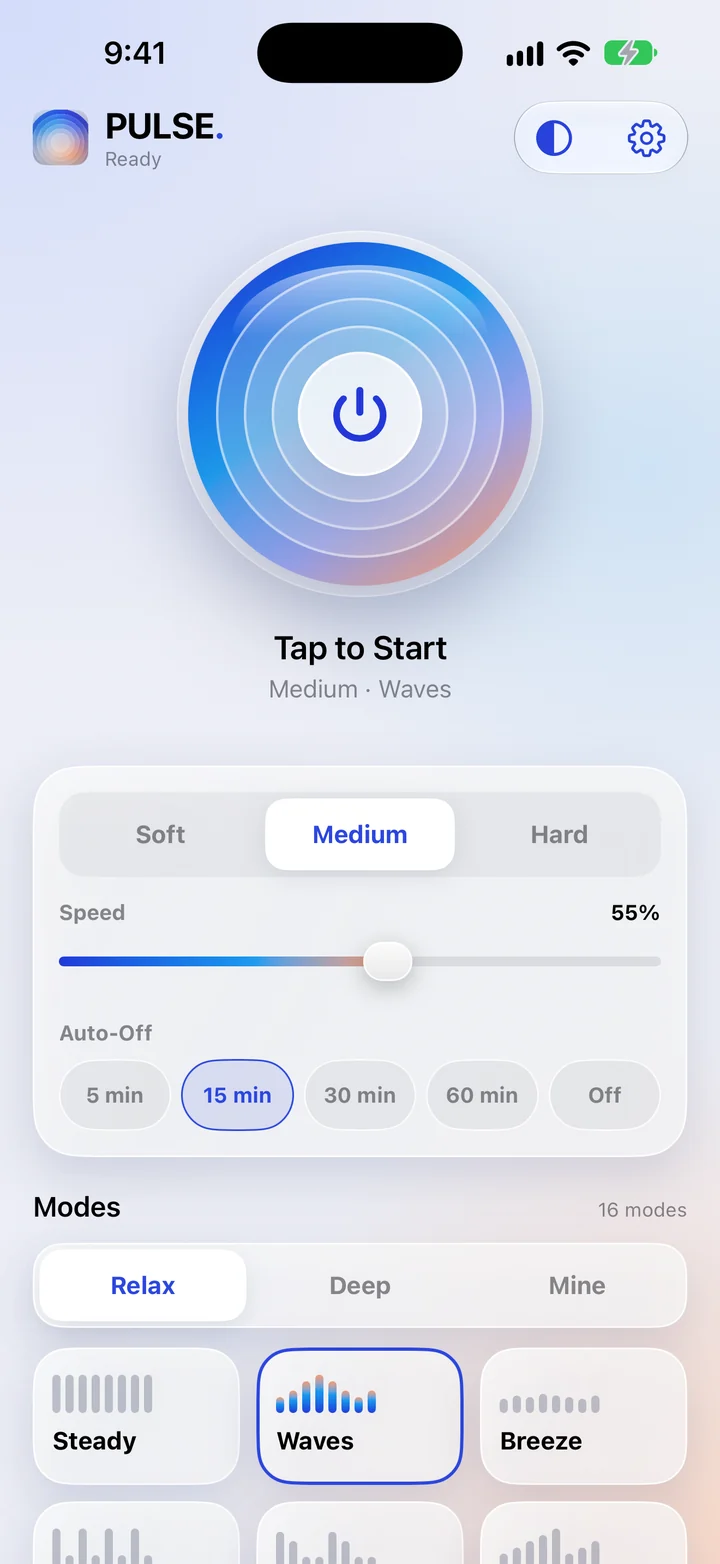 The PULSE home screen with the power disc and Tap to Start
