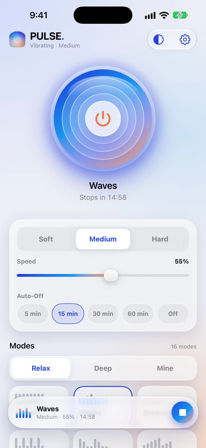 PULSE playing the Waves mode at Medium intensity, stopping in 14:58