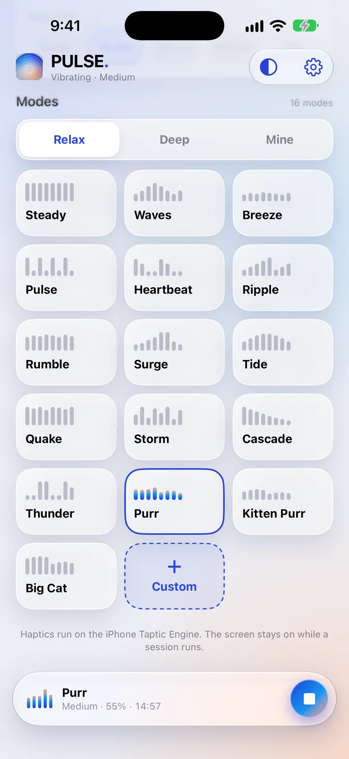 The Relax tab with a grid of massage modes