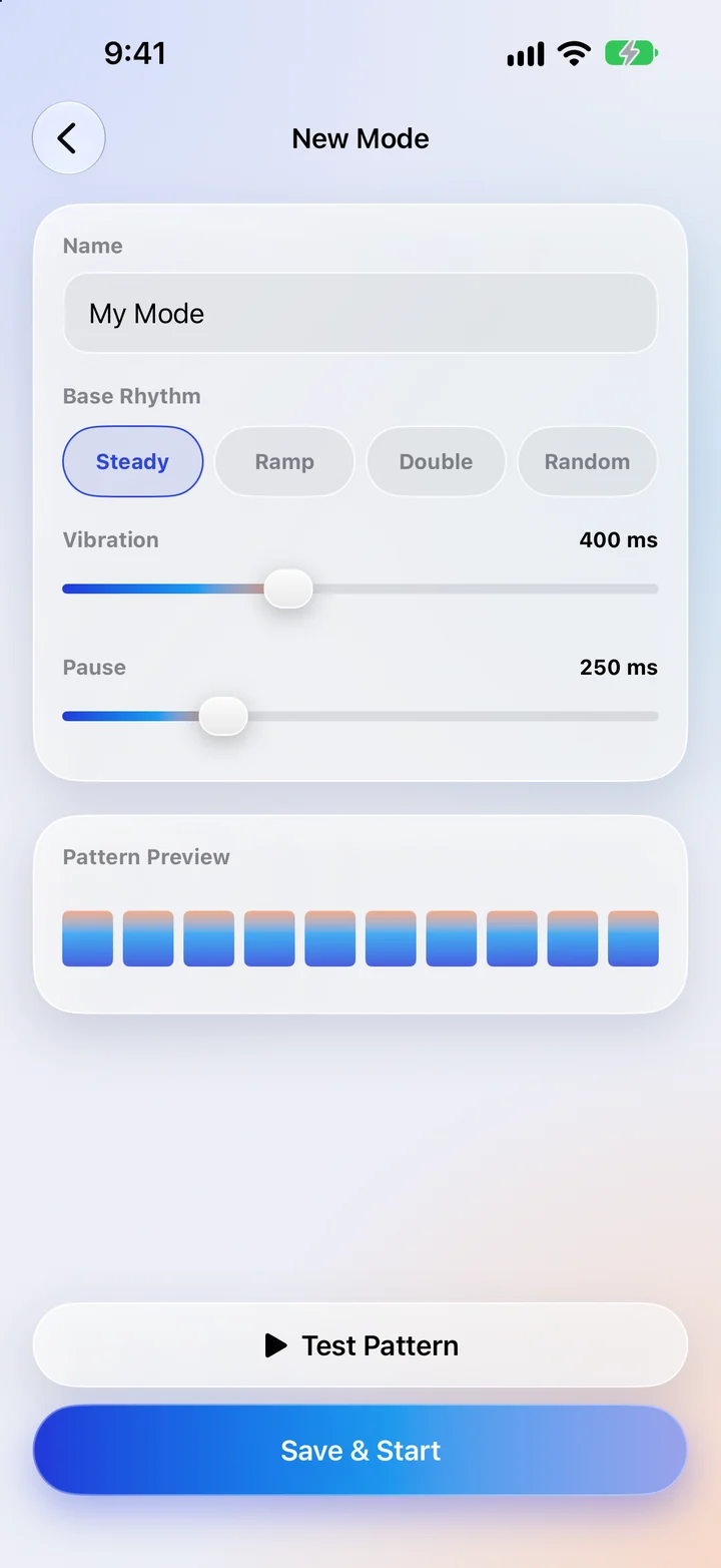 The New Mode editor with rhythm, vibration and pause controls