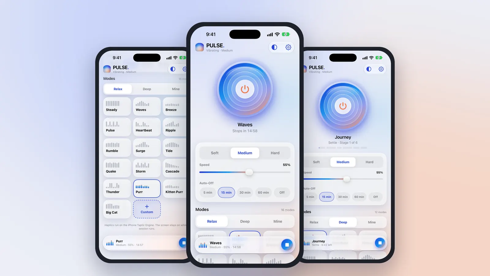 Three iPhones showing PULSE: the mode grid, the Waves mode playing, and the Journey