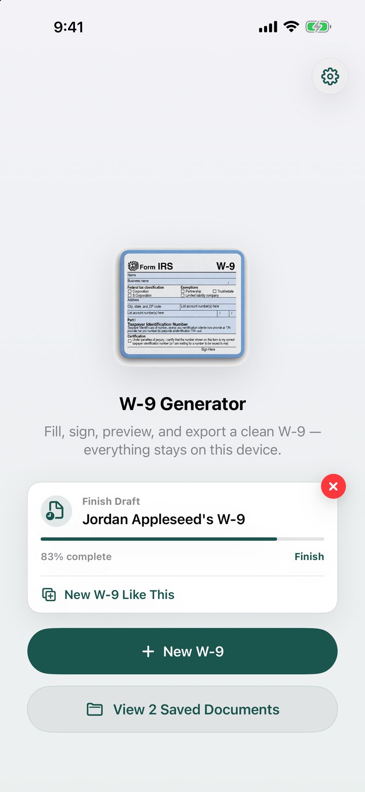 W-9 Generator home screen with a saved draft