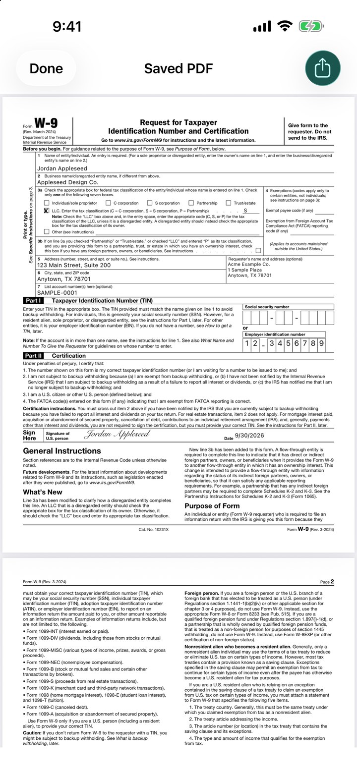 The finished IRS Form W-9 rendered as a PDF